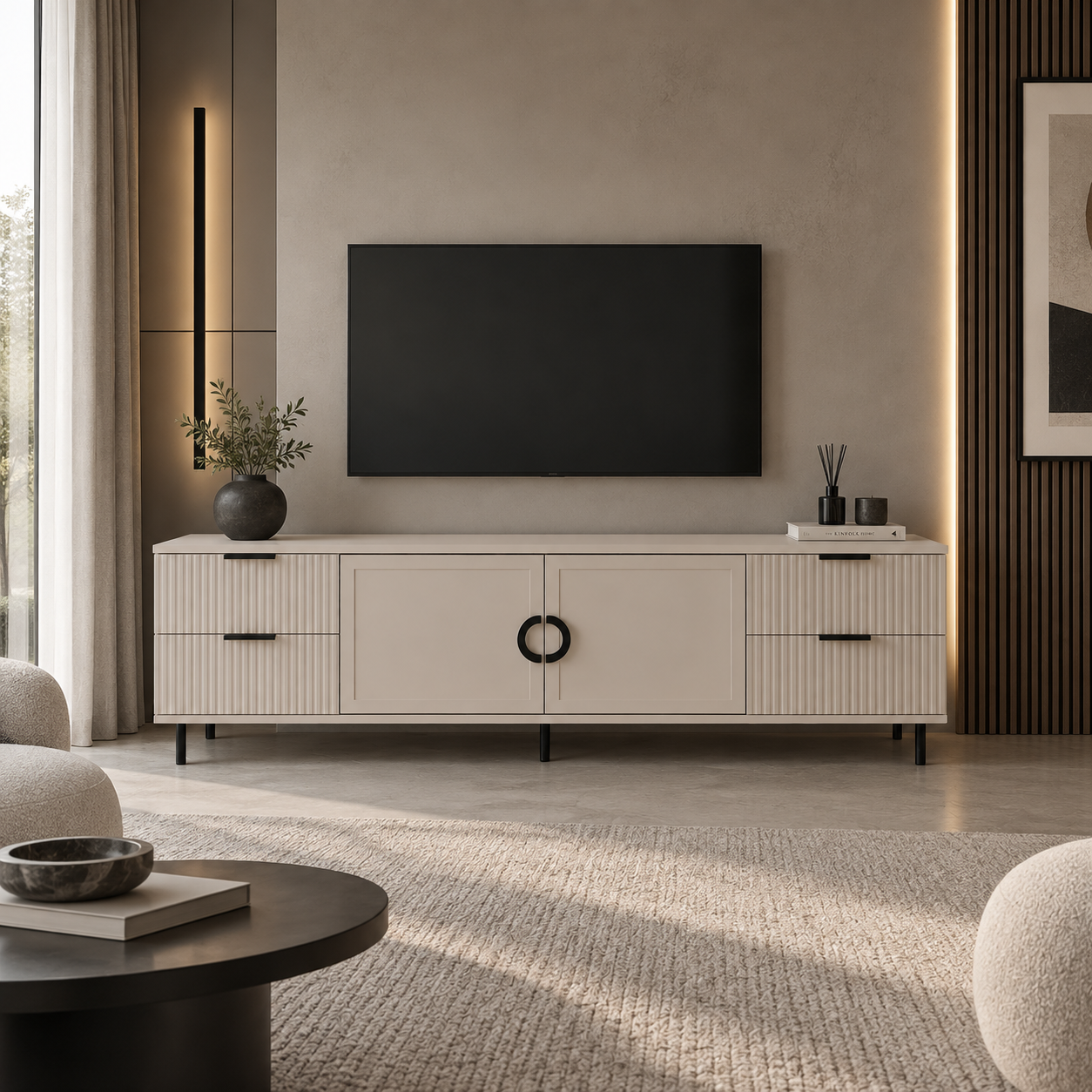 Comodă TV CASARES casmir cu 2 uși și 4 sertare, MDF riflat vopsit, 200x42x58 cm Default Title Arboteca