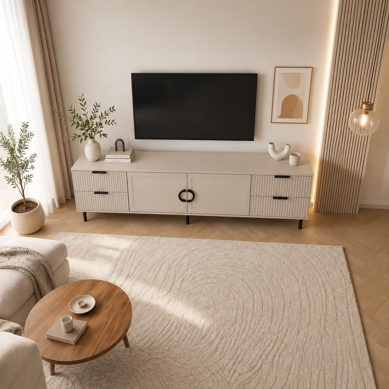 Comodă TV CASARES casmir cu 2 uși și 4 sertare, MDF riflat vopsit, 200x42x58 cm Arboteca