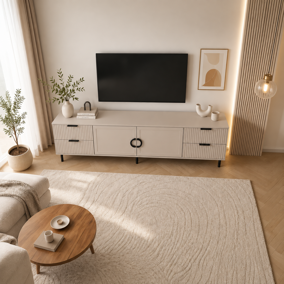 Comodă TV CASARES casmir cu 2 uși și 4 sertare, MDF riflat vopsit, 200x42x58 cm Arboteca