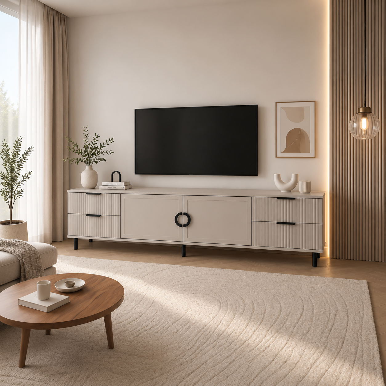 Comodă TV CASARES casmir cu 2 uși și 4 sertare, MDF riflat vopsit, 200x42x58 cm Arboteca