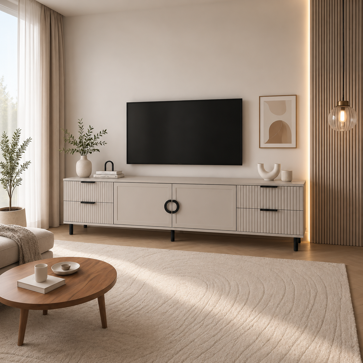 Comodă TV CASARES casmir cu 2 uși și 4 sertare, MDF riflat vopsit, 200x42x58 cm Arboteca