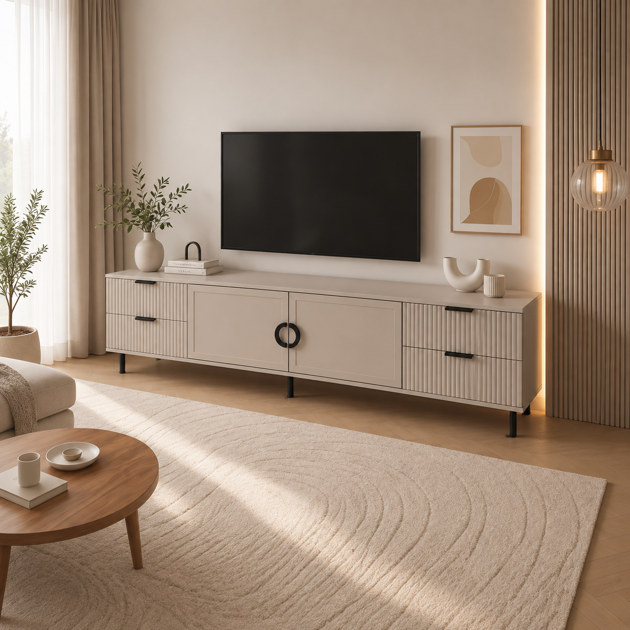 Comodă TV CASARES casmir cu 2 uși și 4 sertare, MDF riflat vopsit, 200x42x58 cm Arboteca