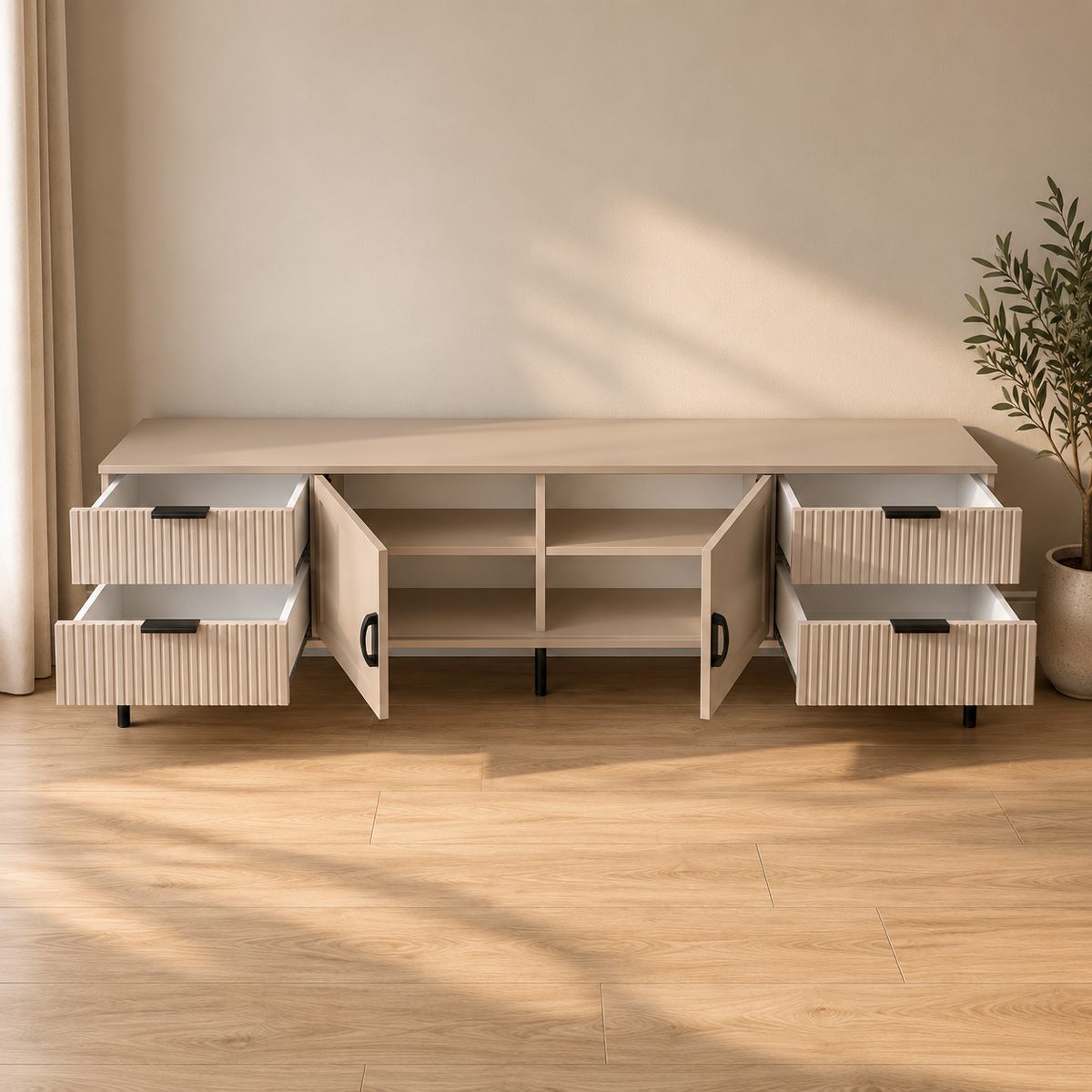 Comodă TV CASARES casmir cu 2 uși și 4 sertare, MDF riflat vopsit, 200x42x58 cm Arboteca