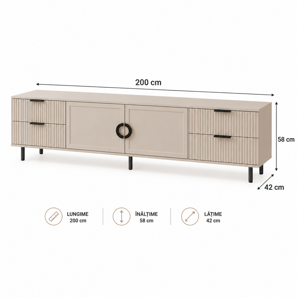 Comodă TV CASARES casmir cu 2 uși și 4 sertare, MDF riflat vopsit, 200x42x58 cm Arboteca