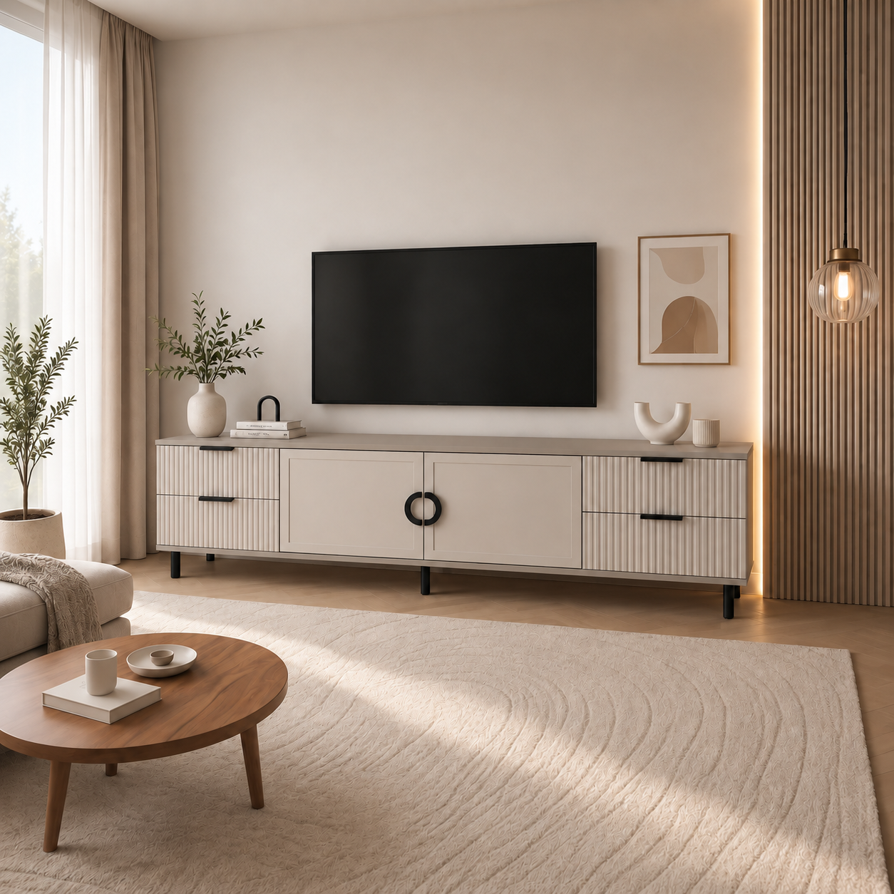 Comodă TV CASARES casmir bazalt cu 2 uși și 4 sertare, MDF riflat vopsit, 200x42x58 cm Arboteca
