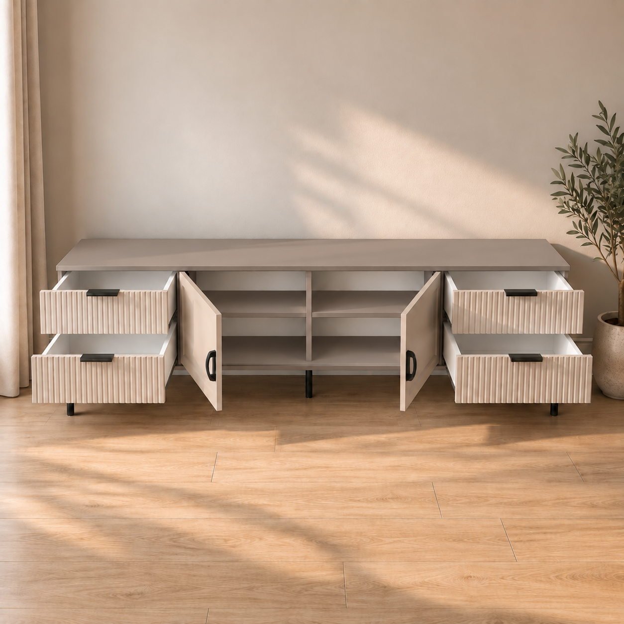 Comodă TV CASARES casmir bazalt cu 2 uși și 4 sertare, MDF riflat vopsit, 200x42x58 cm Arboteca