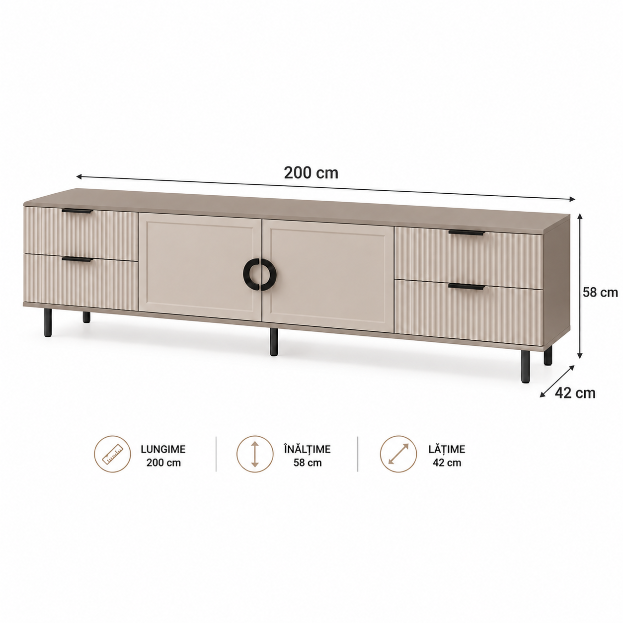 Comodă TV CASARES casmir bazalt cu 2 uși și 4 sertare, MDF riflat vopsit, 200x42x58 cm Arboteca