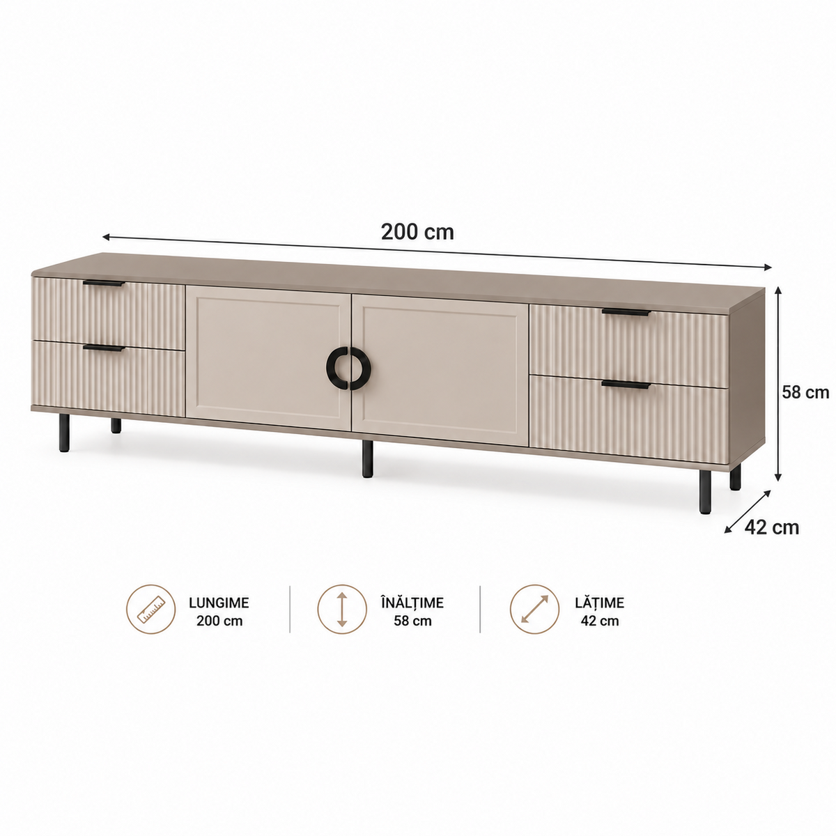 Comodă TV CASARES casmir bazalt cu 2 uși și 4 sertare, MDF riflat vopsit, 200x42x58 cm Arboteca