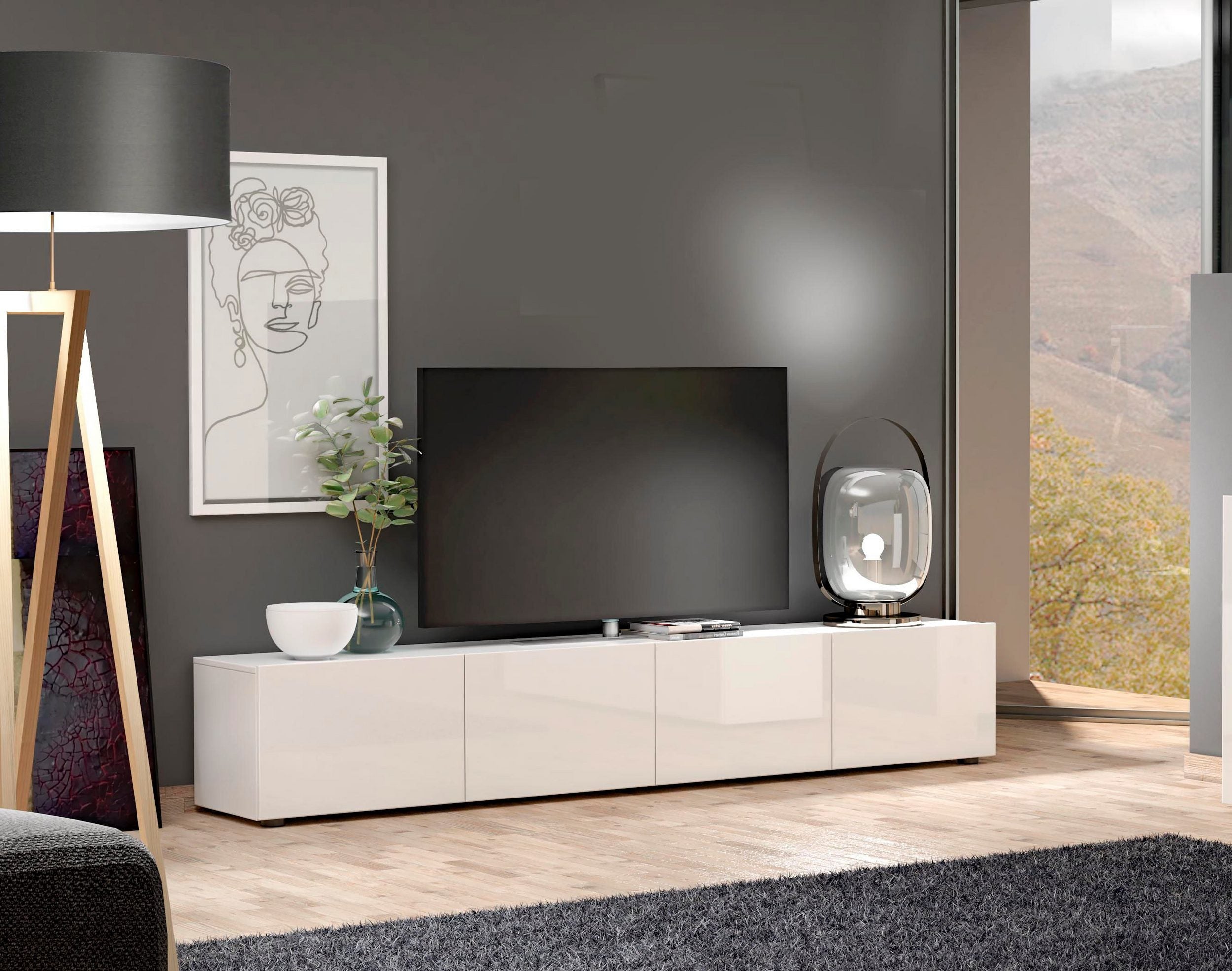Comoda TV Mister , Alb lucios , 225 cm latime Arboteca