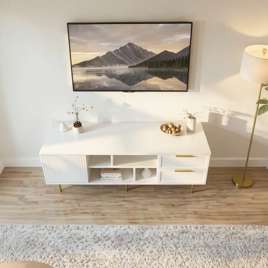 Comodă TV PORTOFINO albă cu 1 ușă riflată și 2 sertare, MDF frezat vopsit, 150x40x56 cm Arboteca