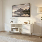Comodă TV PORTOFINO albă cu 1 ușă riflată și 2 sertare, MDF frezat vopsit, 150x40x56 cm Arboteca