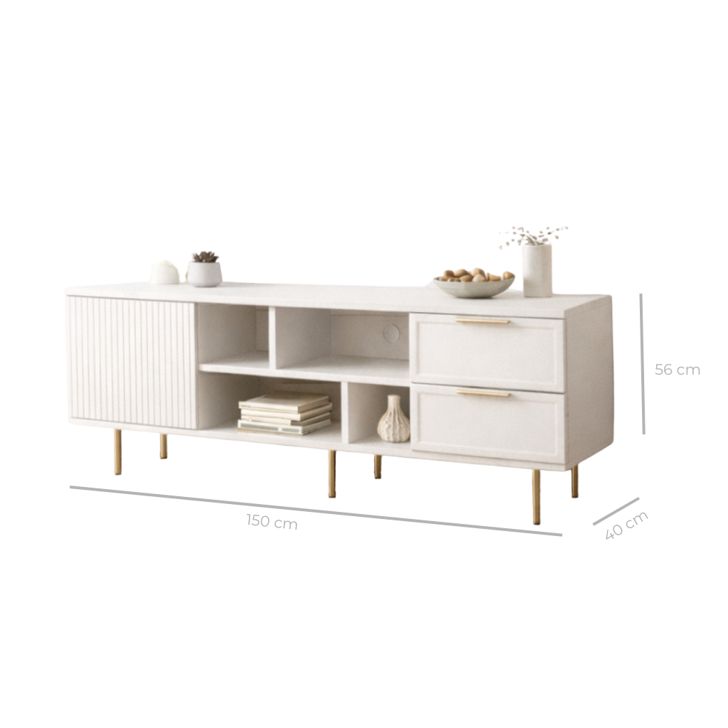 Comodă TV PORTOFINO albă cu 1 ușă riflată și 2 sertare, MDF frezat vopsit, 150x40x56 cm Arboteca