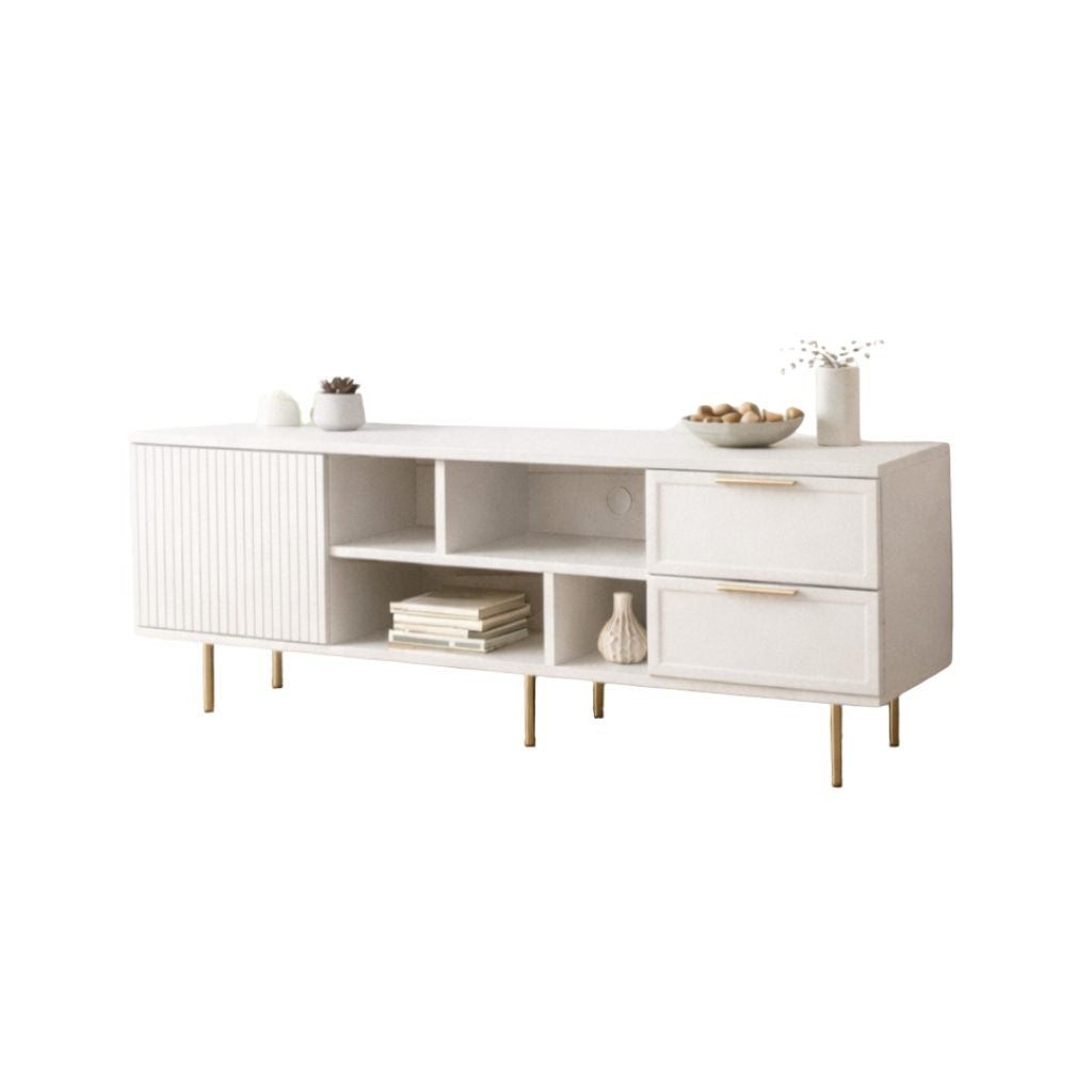 Comodă TV PORTOFINO albă cu 1 ușă riflată și 2 sertare, MDF frezat vopsit, 150x40x56 cm Arboteca