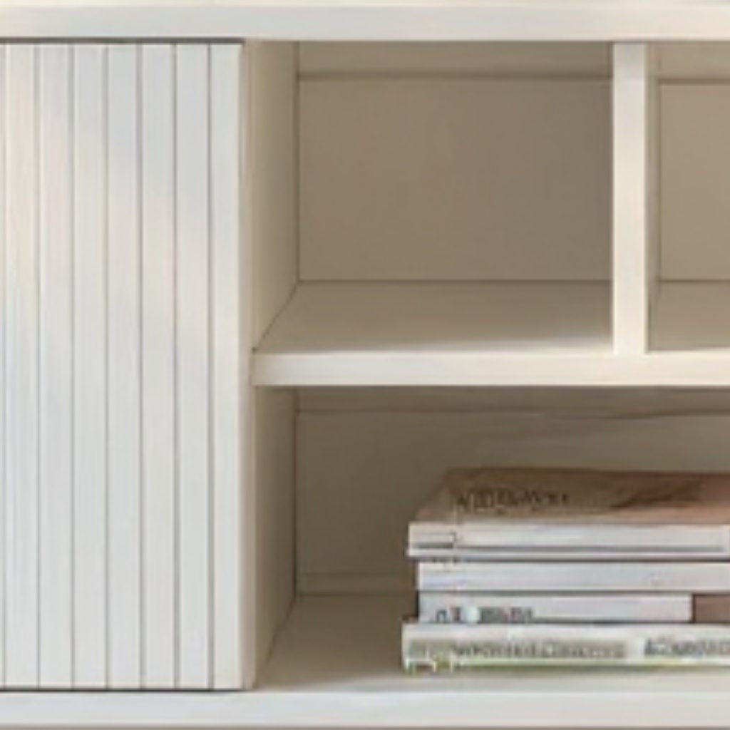 Comodă TV PORTOFINO albă cu 1 ușă riflată și 2 sertare, MDF frezat vopsit, 150x40x56 cm Arboteca