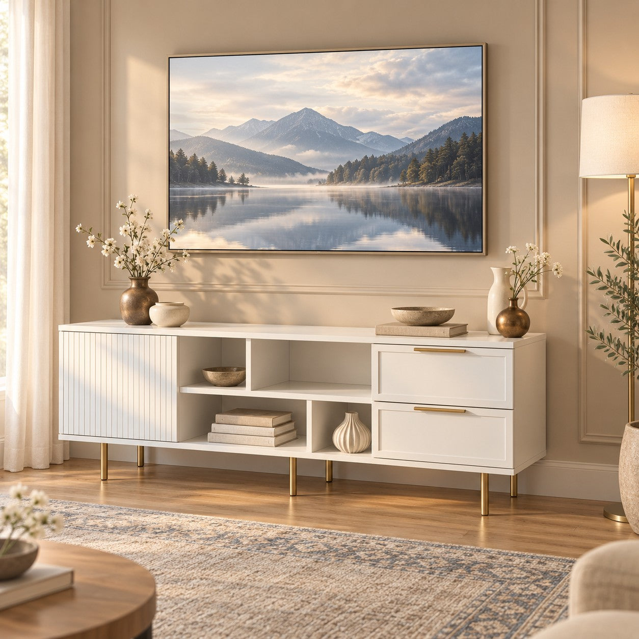Comodă TV PORTOFINO albă cu 1 ușă riflată și 2 sertare, MDF frezat vopsit, 150x40x56 cm Default Title Arboteca