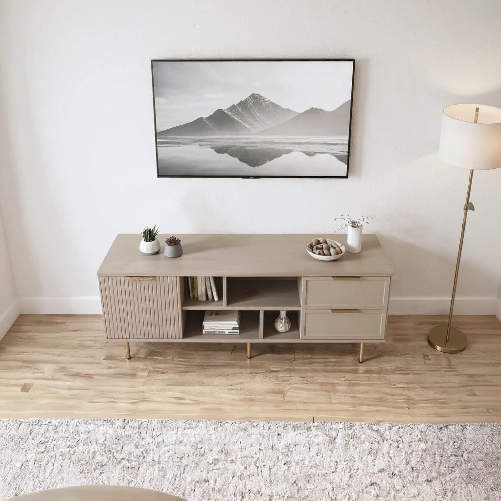 Comodă TV PORTOFINO cașmir bazalt cu 1 ușă riflată și 2 sertare, MDF vopsit, 150x40x56 cm Arboteca