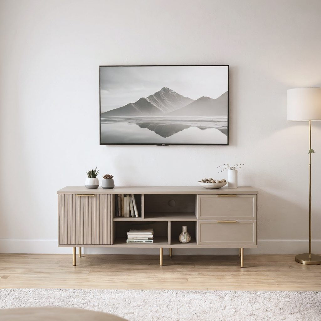 Comodă TV PORTOFINO cașmir bazalt cu 1 ușă riflată și 2 sertare, MDF vopsit, 150x40x56 cm Arboteca