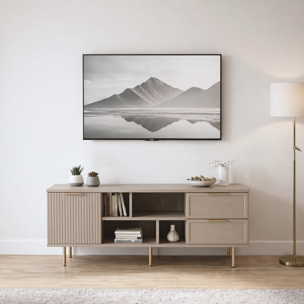 Comodă TV PORTOFINO cașmir bazalt cu 1 ușă riflată și 2 sertare, MDF vopsit, 150x40x56 cm Arboteca