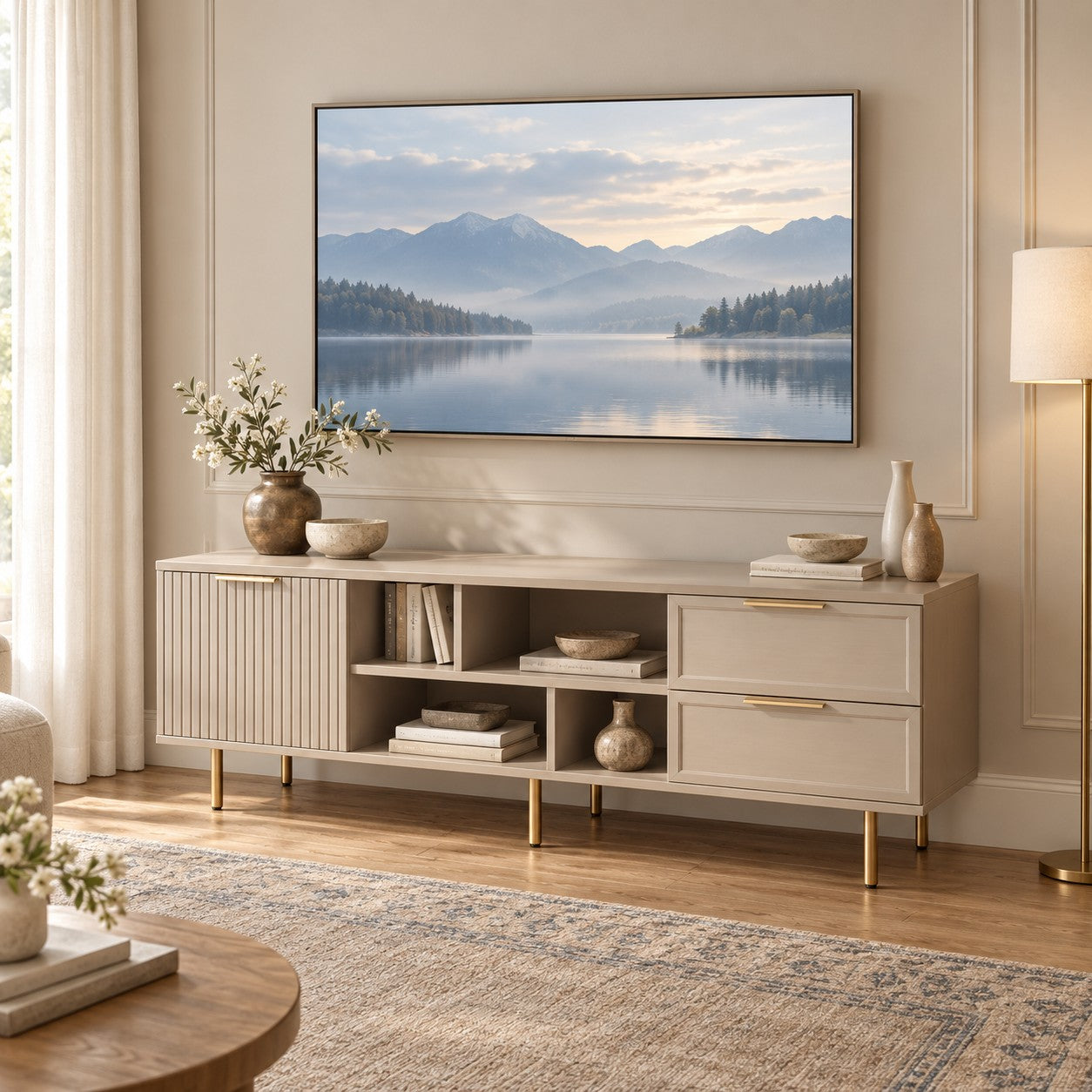 Comodă TV PORTOFINO cașmir bazalt cu 1 ușă riflată și 2 sertare, MDF vopsit, 150x40x56 cm Default Title Arboteca