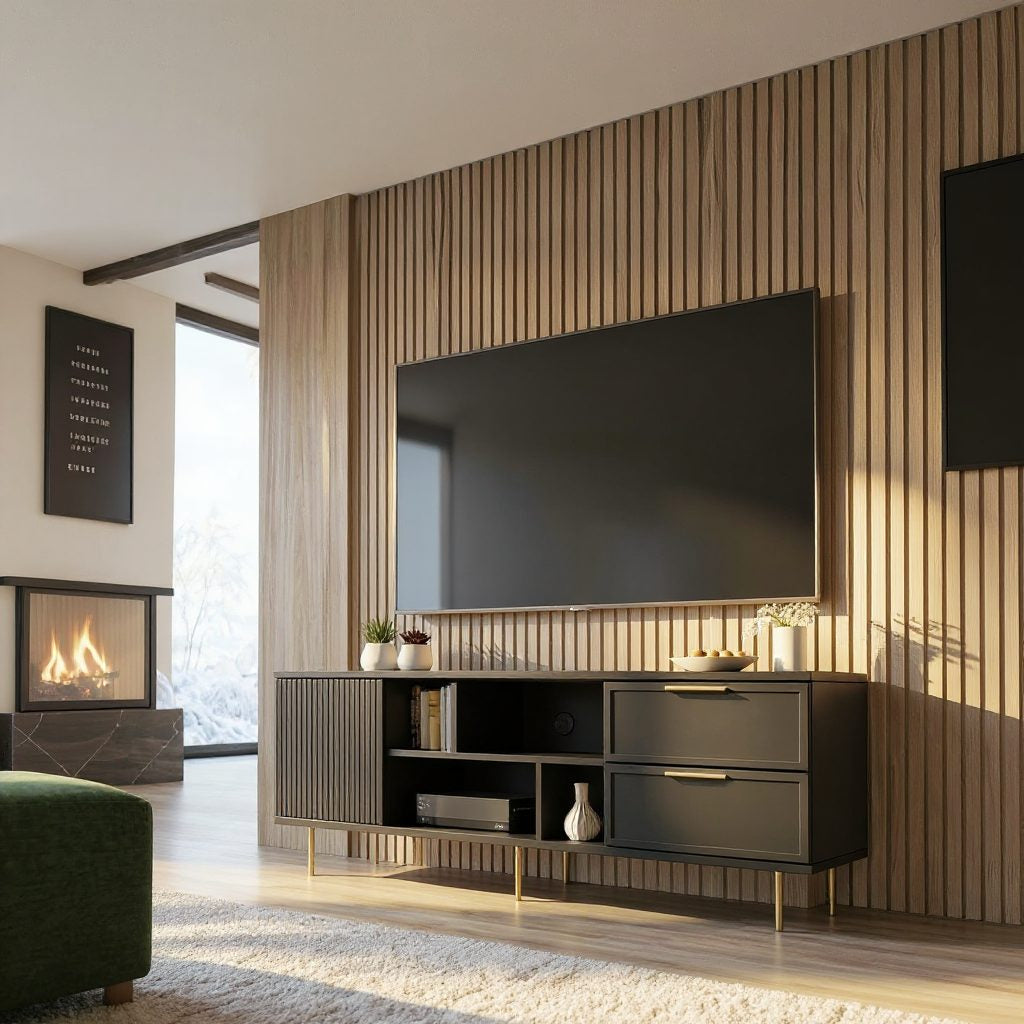 Comodă TV PORTOFINO neagră cu 1 ușă riflată și 2 sertare, MDF frezat mat, 150x40x56 cm Arboteca