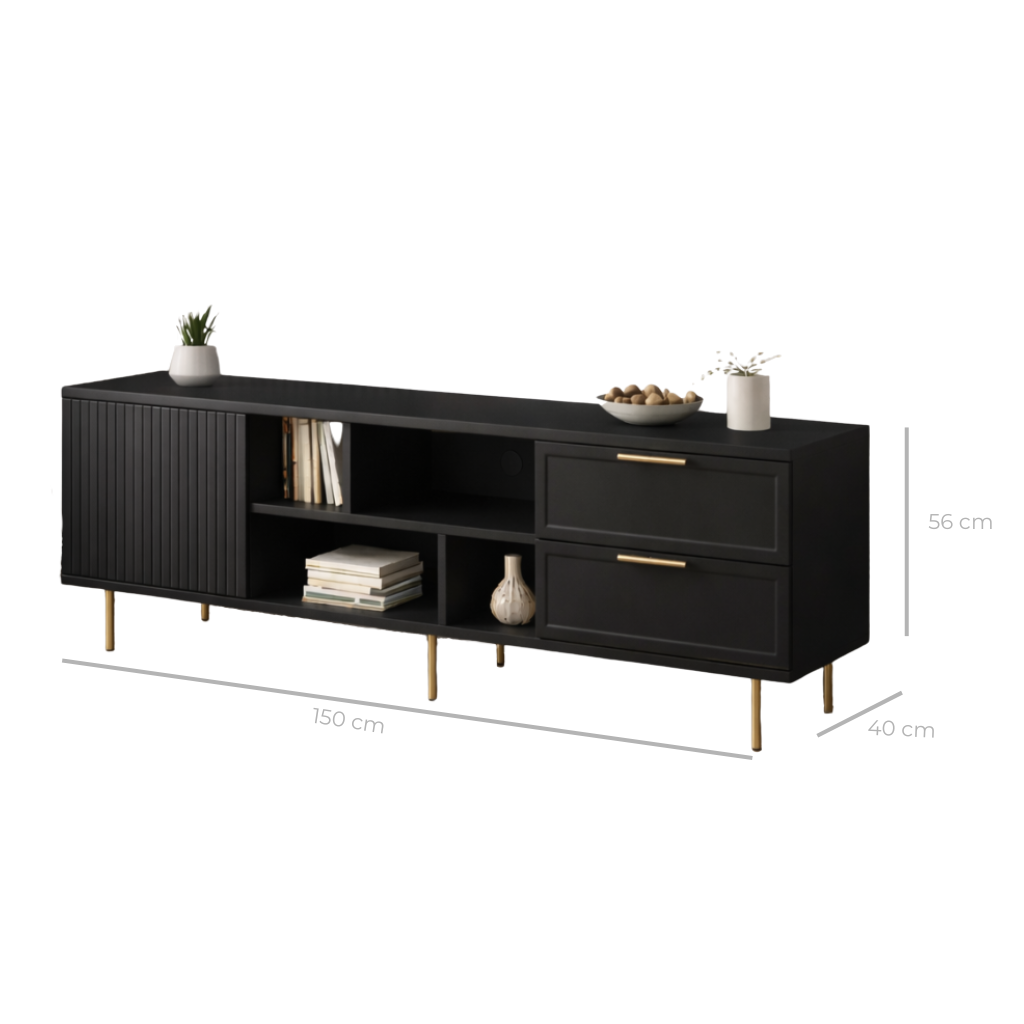 Comodă TV PORTOFINO neagră cu 1 ușă riflată și 2 sertare, MDF frezat mat, 150x40x56 cm Arboteca