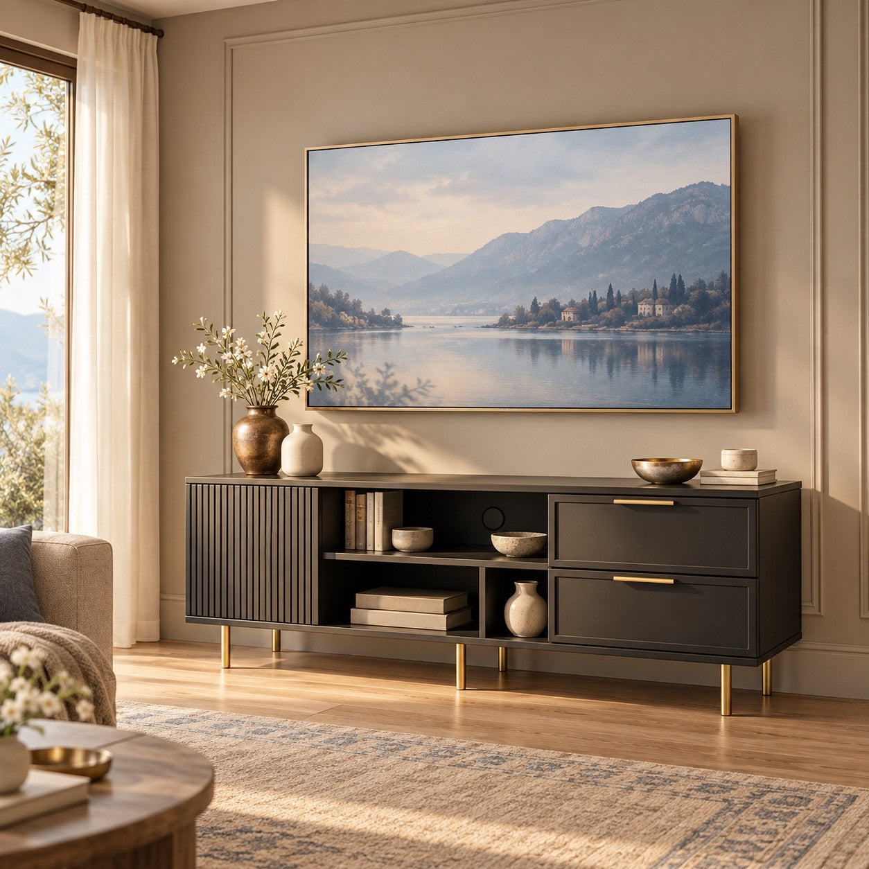 Comodă TV PORTOFINO neagră cu 1 ușă riflată și 2 sertare, MDF frezat mat, 150x40x56 cm Default Title Arboteca