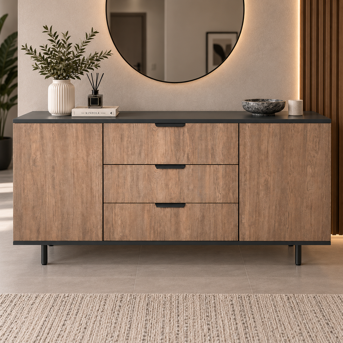 Comodă VERNAZZA cu corp antracit, 3 sertare și 2 uși, fronturi MDF decor stejar, 150x40x80 cm Arboteca