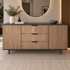 Comodă VERNAZZA cu corp antracit, 3 sertare și 2 uși, fronturi MDF decor stejar, 150x40x80 cm Arboteca