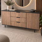 Comodă VERNAZZA cu corp antracit, 3 sertare și 2 uși, fronturi MDF decor stejar, 150x40x80 cm Arboteca
