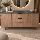 Comodă VERNAZZA cu corp antracit, 3 sertare și 2 uși, fronturi MDF decor stejar, 150x40x80 cm Arboteca