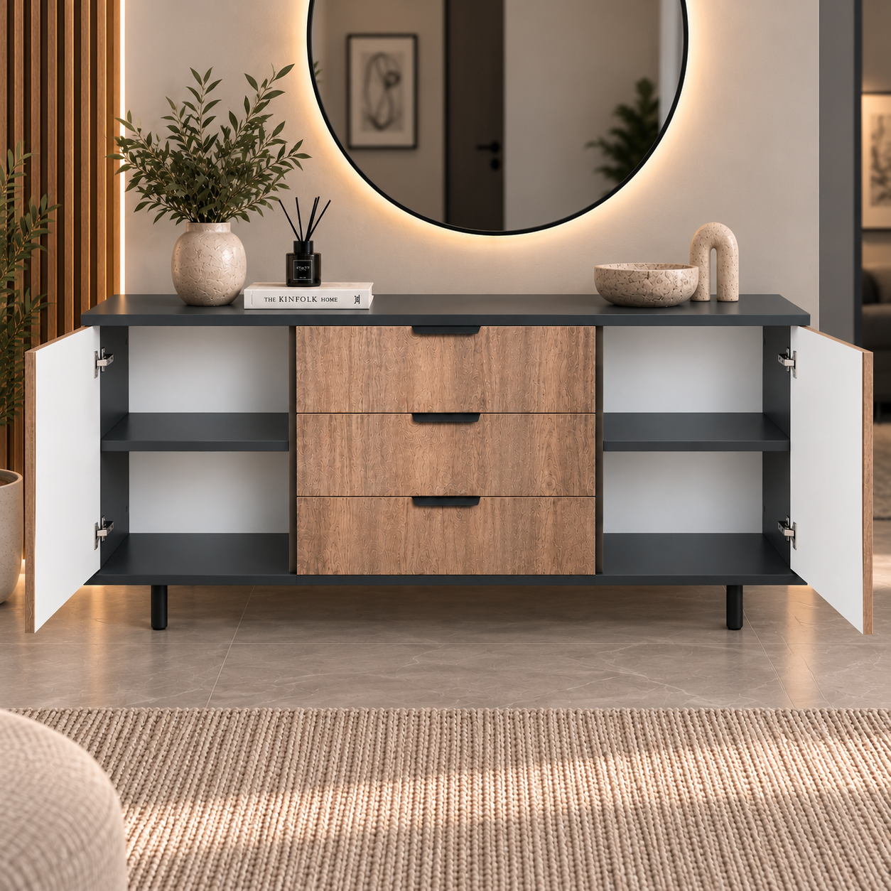 Comodă VERNAZZA cu corp antracit, 3 sertare și 2 uși, fronturi MDF decor stejar, 150x40x80 cm Arboteca