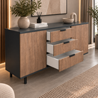 Comodă VERNAZZA cu corp antracit, 3 sertare și 2 uși, fronturi MDF decor stejar, 150x40x80 cm Arboteca