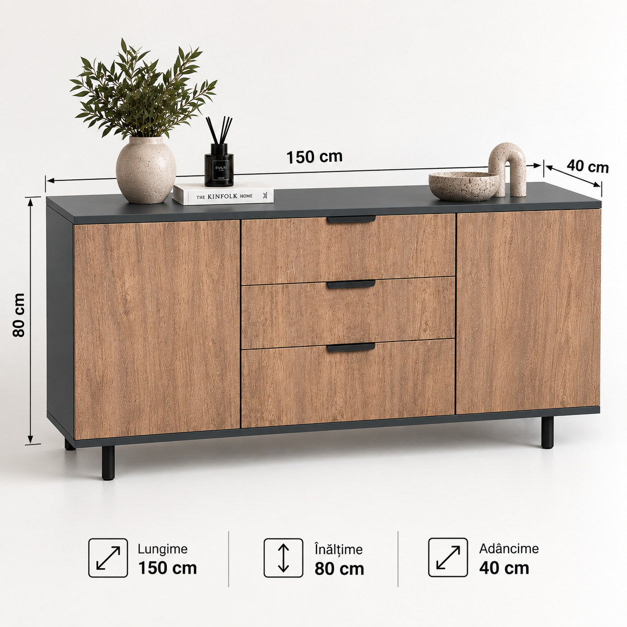 Comodă VERNAZZA cu corp antracit, 3 sertare și 2 uși, fronturi MDF decor stejar, 150x40x80 cm Arboteca