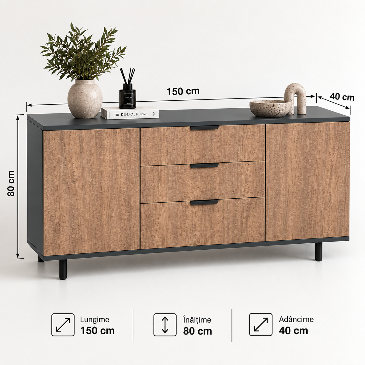 Comodă VERNAZZA cu corp antracit, 3 sertare și 2 uși, fronturi MDF decor stejar, 150x40x80 cm Arboteca