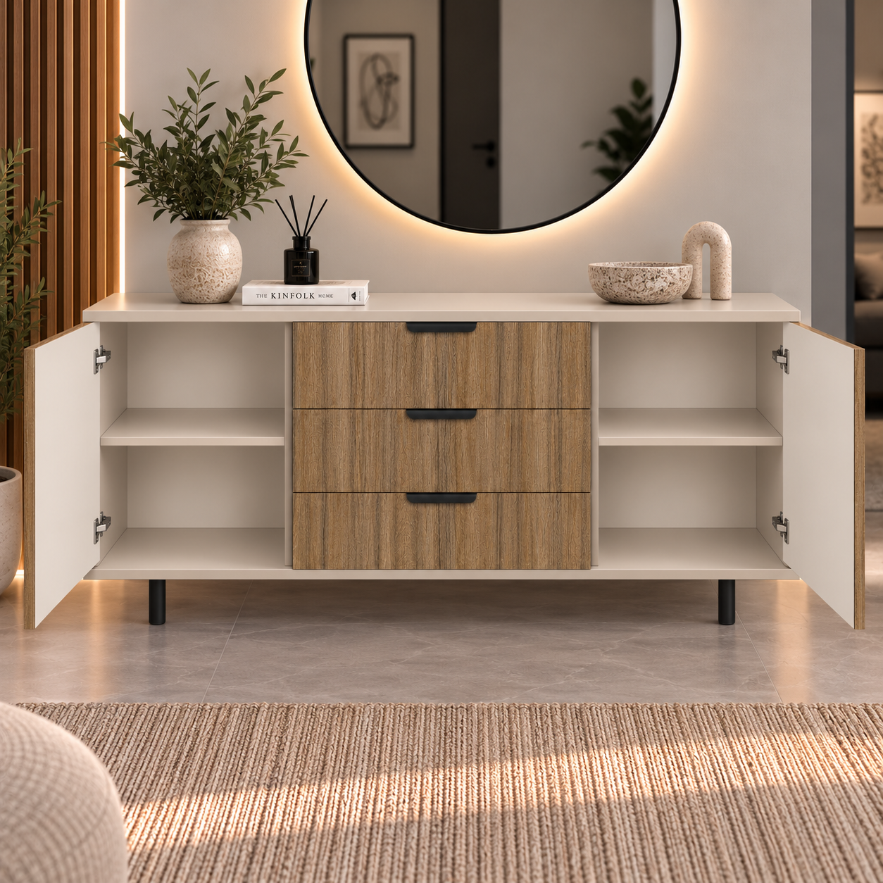 Comodă VERNAZZA cu corp cașmir deschis, 3 sertare și 2 uși, fronturi MDF decor stejar, 150x40x80 cm Arboteca