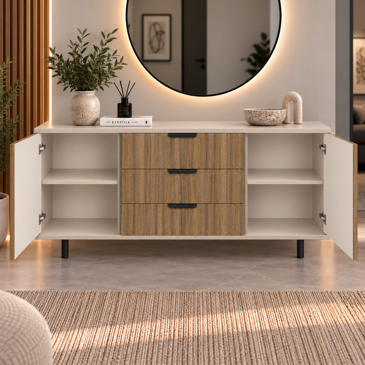 Comodă VERNAZZA cu corp cașmir deschis, 3 sertare și 2 uși, fronturi MDF decor stejar, 150x40x80 cm Arboteca