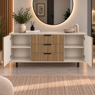 Comodă VERNAZZA cu corp cașmir deschis, 3 sertare și 2 uși, fronturi MDF decor stejar, 150x40x80 cm Arboteca