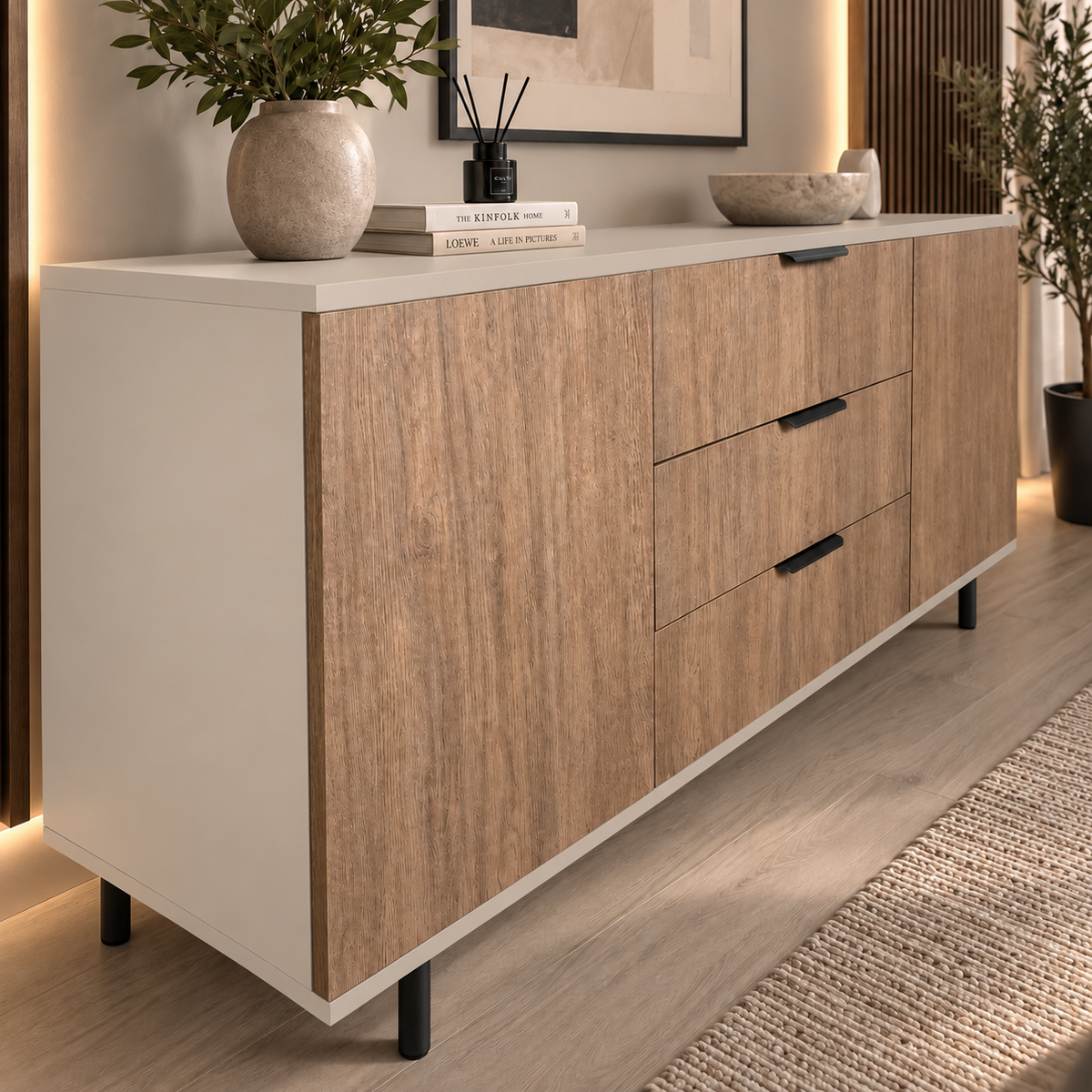 Comodă VERNAZZA cu corp cașmir deschis, 3 sertare și 2 uși, fronturi MDF decor stejar, 150x40x80 cm Arboteca