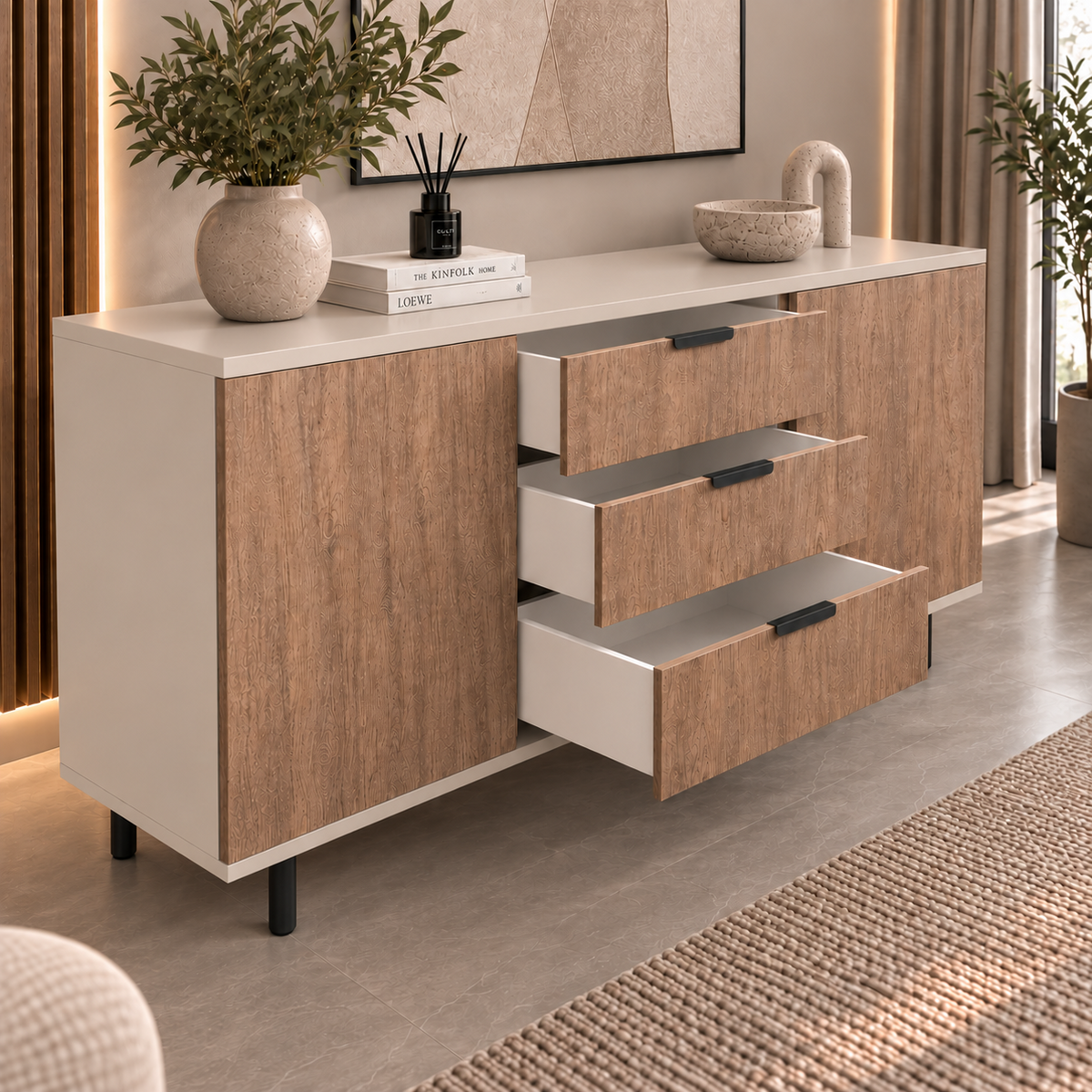 Comodă VERNAZZA cu corp cașmir deschis, 3 sertare și 2 uși, fronturi MDF decor stejar, 150x40x80 cm Arboteca