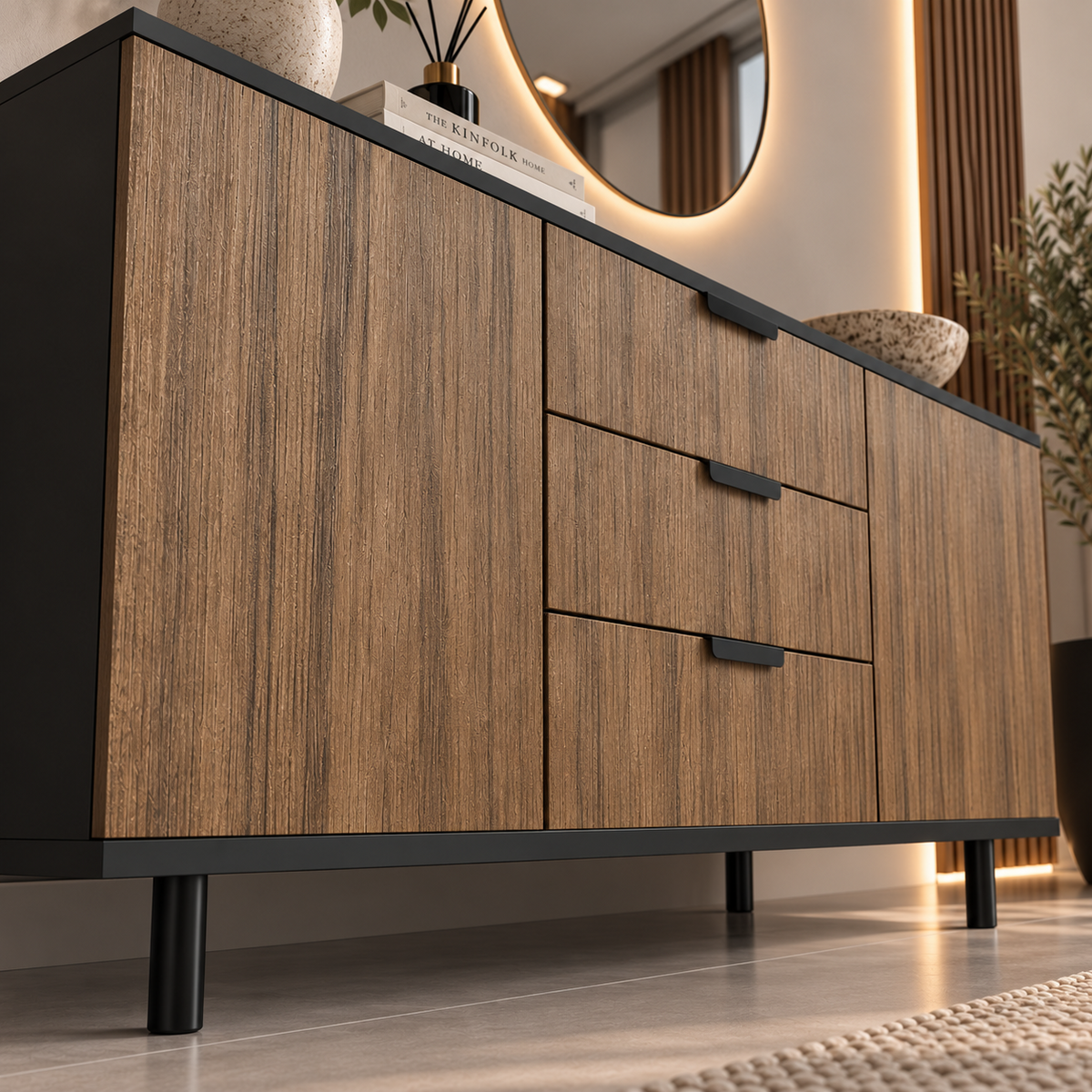 Comodă VERNAZZA cu corp negru, 3 sertare și 2 uși, fronturi MDF decor stejar, 150x40x80 cm Arboteca