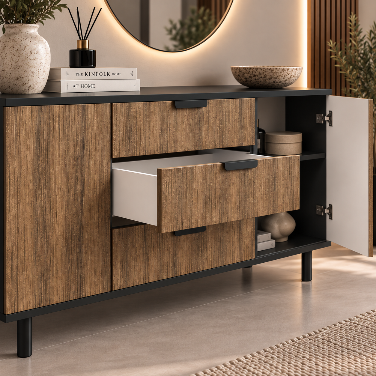 Comodă VERNAZZA cu corp negru, 3 sertare și 2 uși, fronturi MDF decor stejar, 150x40x80 cm Arboteca