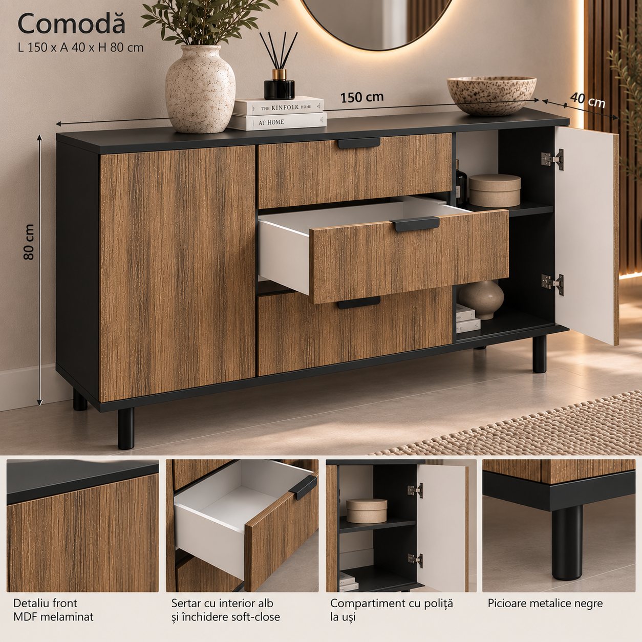 Comodă VERNAZZA cu corp negru, 3 sertare și 2 uși, fronturi MDF decor stejar, 150x40x80 cm Arboteca