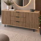 Comodă VERNAZZA cu corp sonoma, 3 sertare și 2 uși, fronturi MDF decor stejar, 150x40x80 cm Arboteca