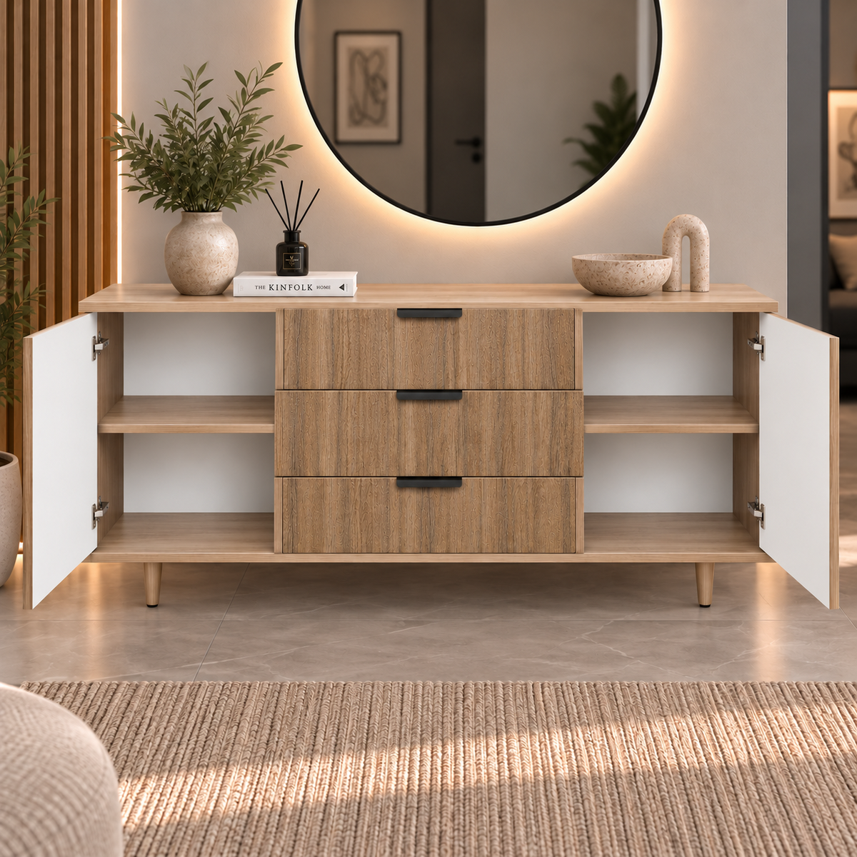Comodă VERNAZZA cu corp sonoma, 3 sertare și 2 uși, fronturi MDF decor stejar, 150x40x80 cm Arboteca
