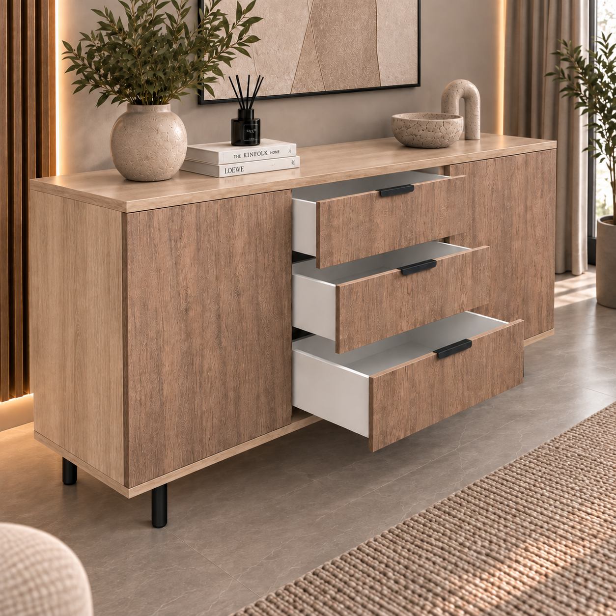 Comodă VERNAZZA cu corp sonoma, 3 sertare și 2 uși, fronturi MDF decor stejar, 150x40x80 cm Arboteca