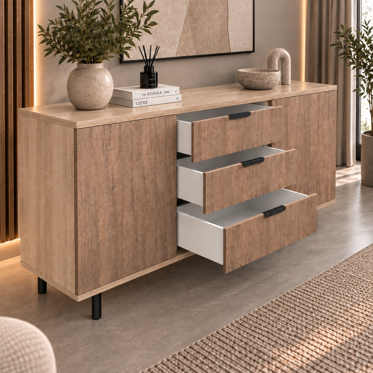 Comodă VERNAZZA cu corp sonoma, 3 sertare și 2 uși, fronturi MDF decor stejar, 150x40x80 cm Arboteca