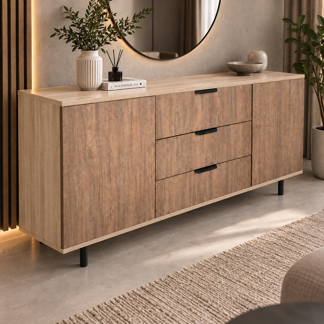 Comodă VERNAZZA cu corp sonoma, 3 sertare și 2 uși, fronturi MDF decor stejar, 150x40x80 cm Arboteca