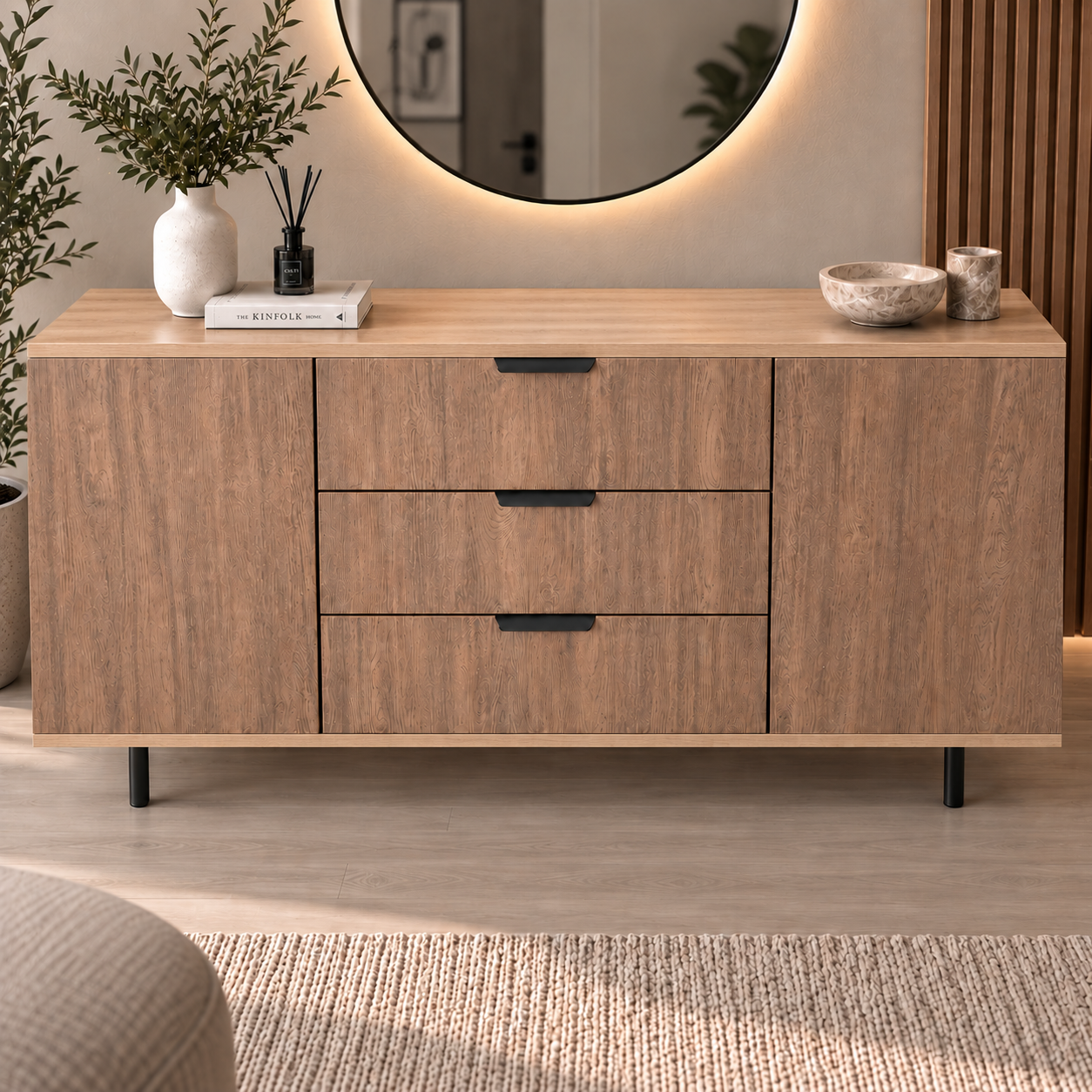 Comodă VERNAZZA cu corp sonoma, 3 sertare și 2 uși, fronturi MDF decor stejar, 150x40x80 cm Arboteca