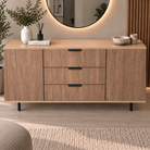 Comodă VERNAZZA cu corp sonoma, 3 sertare și 2 uși, fronturi MDF decor stejar, 150x40x80 cm Arboteca