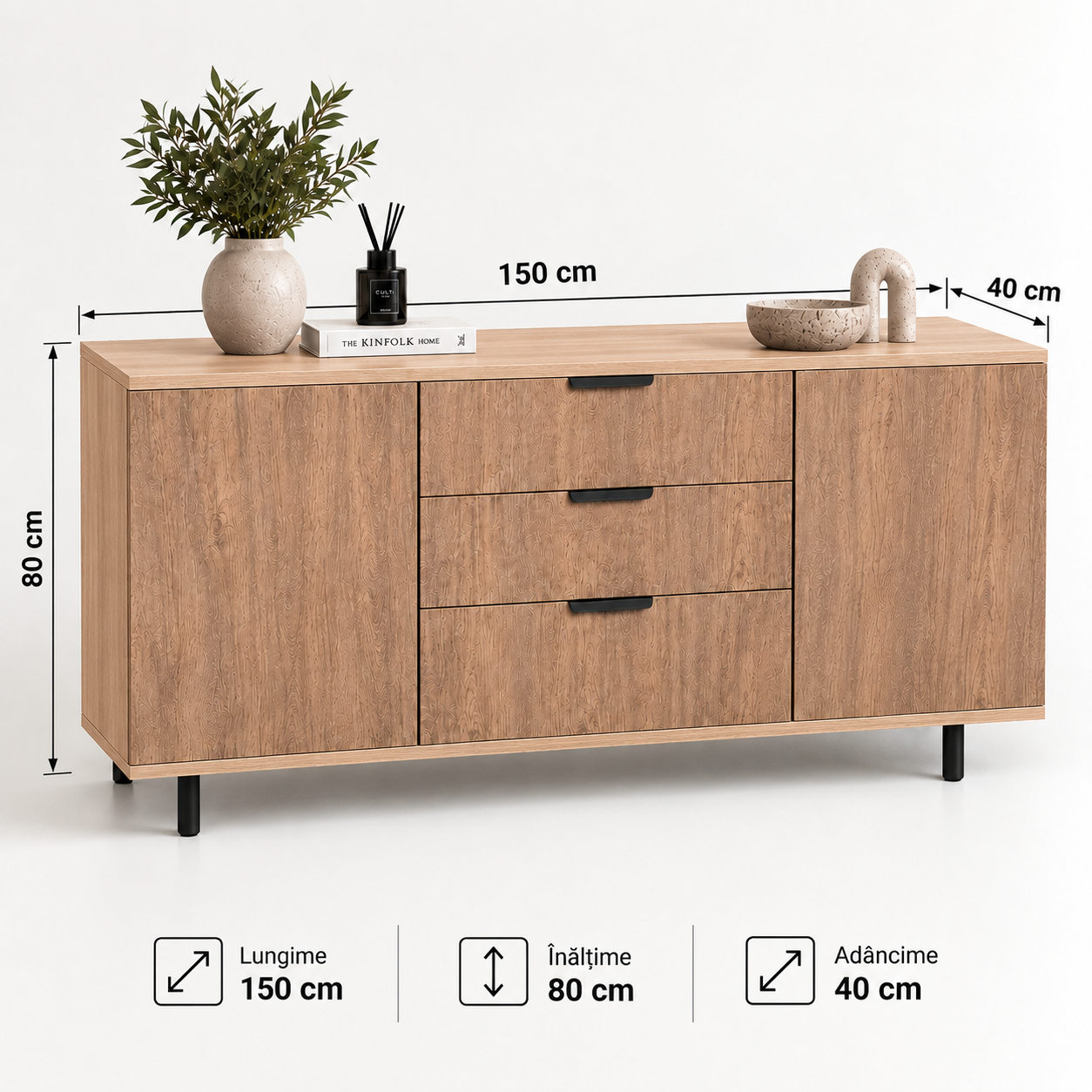 Comodă VERNAZZA cu corp sonoma, 3 sertare și 2 uși, fronturi MDF decor stejar, 150x40x80 cm Arboteca